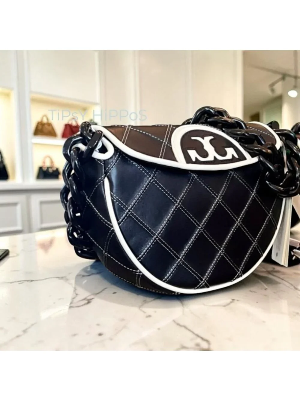 NEW WITH TAGS!  Authentic Tory Burch Black and White 1/2 Moon Fleming Handbag